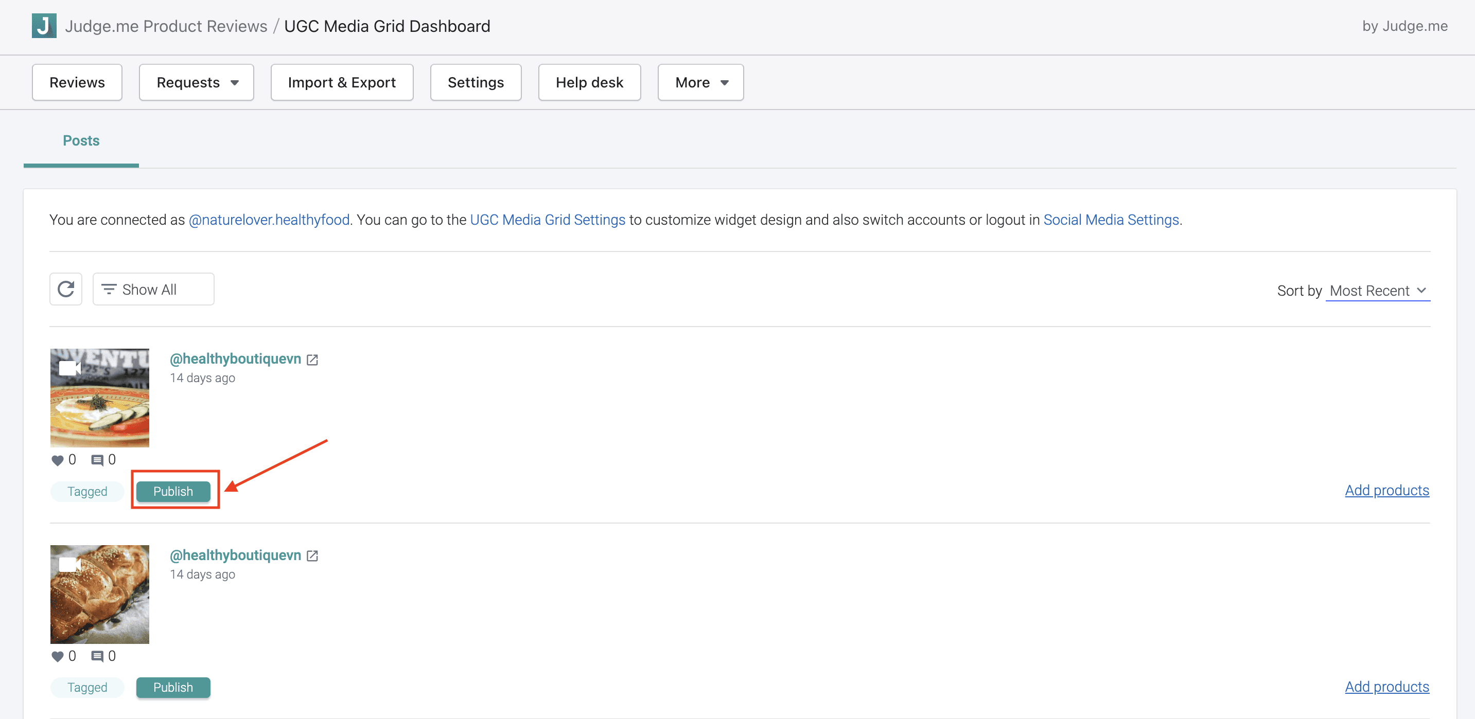 UGC media grid publish Instagram posts